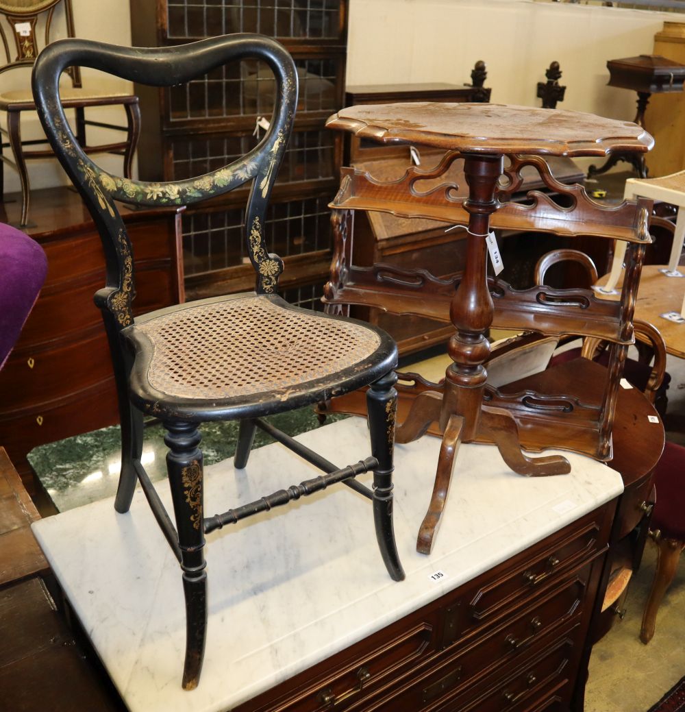 A lacquered chair and a Victorian tripod wine table and a French three tier wall bracket
